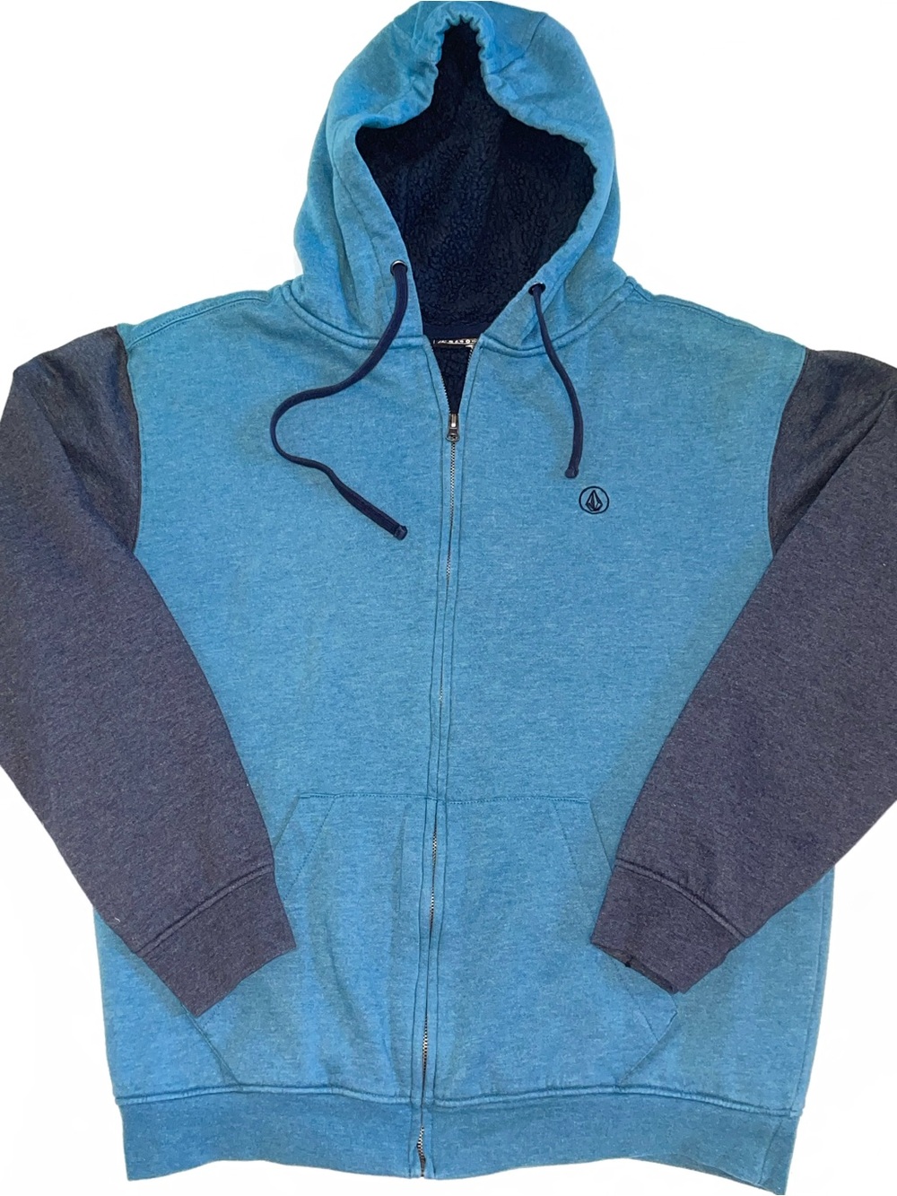 Volcom Men’s Zip Up Hoodie Sherpa Lined Blue Grey Colorblock Sweatshirt Size L